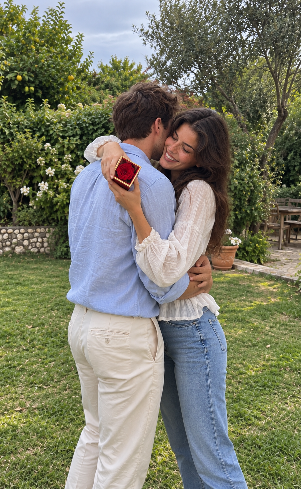 A couple embracing, holding the red rose gift box