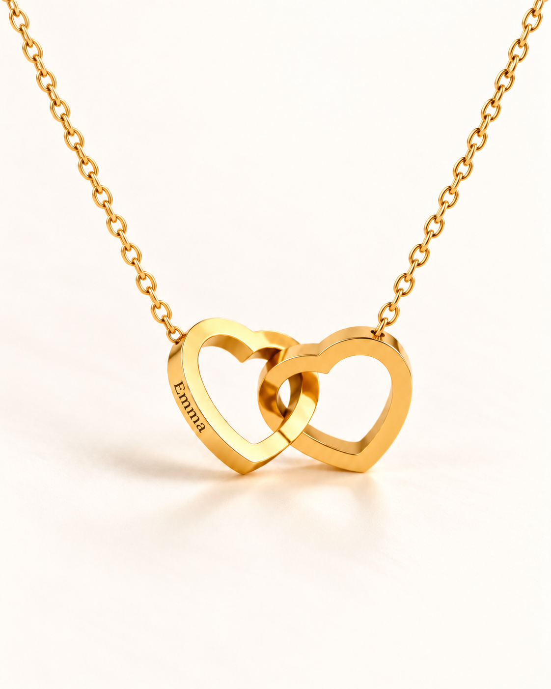 Personalised linked heart necklace with Emma engraved