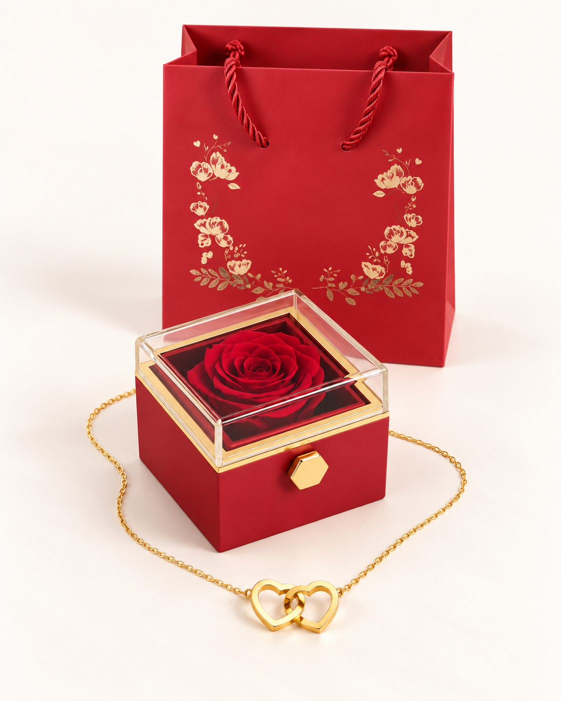 Complete gift set with red gift bag, rose box and interlocking gold heart necklace